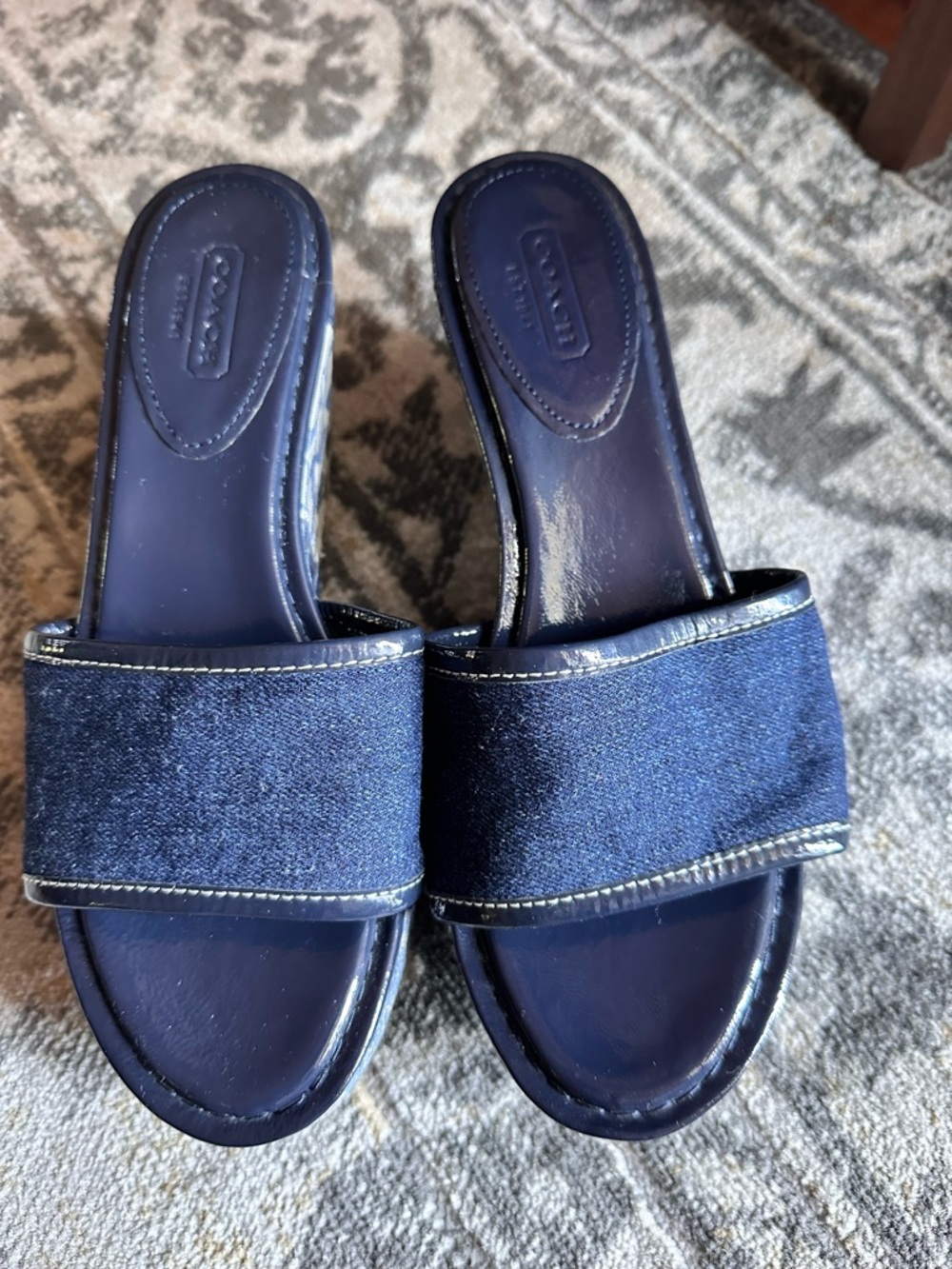 Coach A0290 Jaci Jacquard Patchwork Denim Blue Fabric Wedge Mules